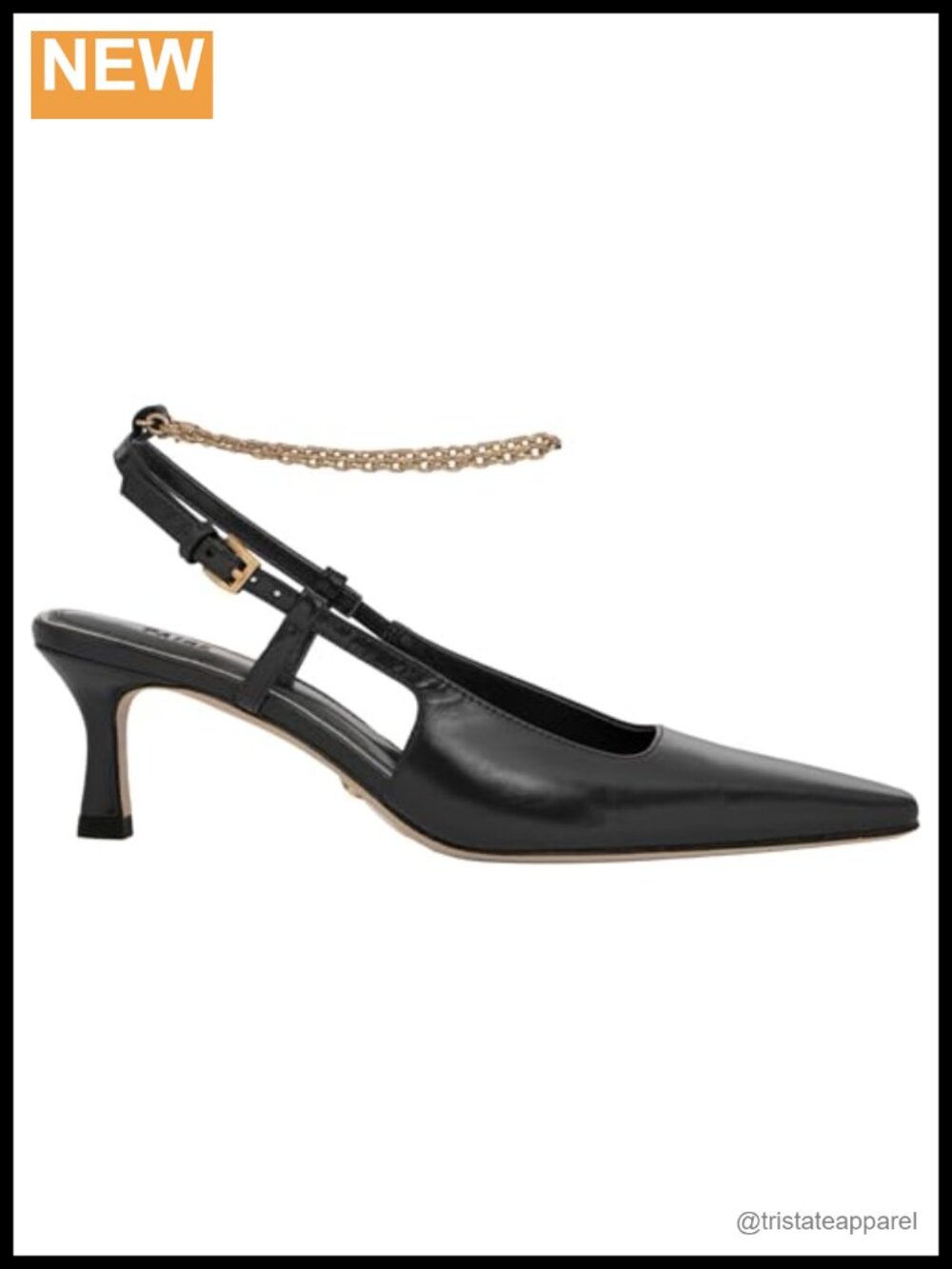 Leather Mid-Heel Pump Square Toe Ankle Strap Chain